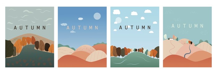 Vector flat illustration. Autumn nature, village and city landscapes. Illustration of natural, urban and rural backgrounds. Perfect for poster, card, banner, brochure or cover...