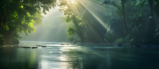Sunlight filters through a verdant canopy, casting ethereal rays over a tranquil river.