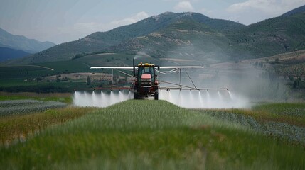 Fototapeta premium Tractor spraying herbicides on lush green soybean field agriculture crop farming scene