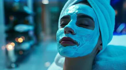 Woman with facial treatment mask on face in spa beauty salon