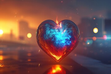 A heart with a fiery blue and red fusion, set against a softly blurred backdrop of an early morning cityscape. The dawn lighting adds a peaceful yet vibrant quality to the fiery heart.