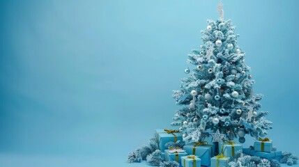 Festive christmas tree and gifts in modern minimal blue living room interior with text space