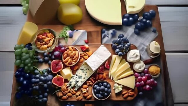 Cheese plate with different types of fermented milk products. Assortment on a wooden board. Snack for wine.