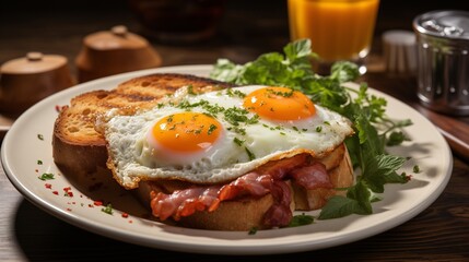 Fototapeta na wymiar Premium Food Photography of Breakfast, Bread, Fried Eggs, and Ham.