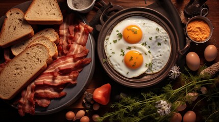 Obraz na płótnie Canvas Premium Food Photography of Breakfast, Bread, Fried Eggs, and Ham.