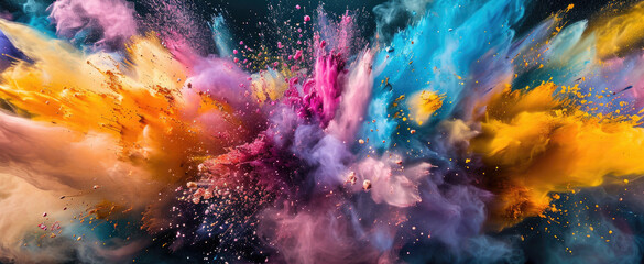 Obraz na płótnie Canvas Explosion of vibrant powder colors in motion on dark background. Art and creativity.