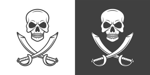Vector Black and White Skull and Crosshairs Sabers Icon Set Closeup Isolated. Skulls Collection with Outline, Cut Out Style in Front View. Hand Drawn Skull Head Design Template
