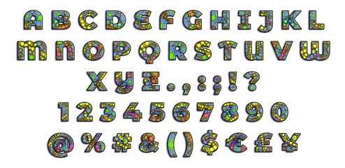 Colorful Alphabet with numbers, punctuation and special characters, like at, ampersand, pound, euro, dollar and yen