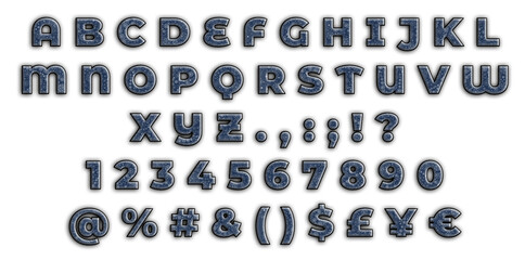 Blue Alphabet with numbers, punctuation and special characters, like at, ampersand, pound, euro,...