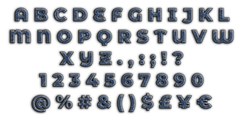 Blue Alphabet with numbers, punctuation and special characters, like at, ampersand, pound, euro, dollar and yen on transparent background