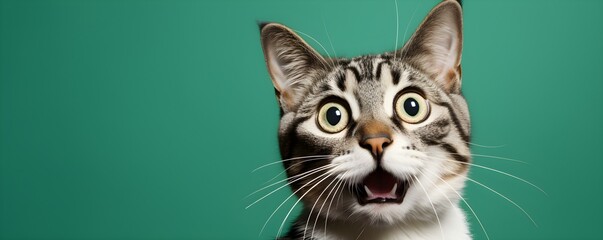 Adorably Funny Surprised Cat with Big Eyes Against Green Backdrop. Concept Funny Cat Portraits, Surprised Expression, Green Background, Big Eyes, Adorable Poses