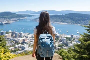 Fototapeta premium The young woman is wearing a backpack and looking out at the view with her hands on her hips. She is wearing a white shirt and black pants. The day is sunny and clear.