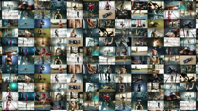 An animation collage zooming out on 400 sports videos. Fitness trainers and athletes perform a wide range of sports exercises. A captivating visual effect of people's sports life. 