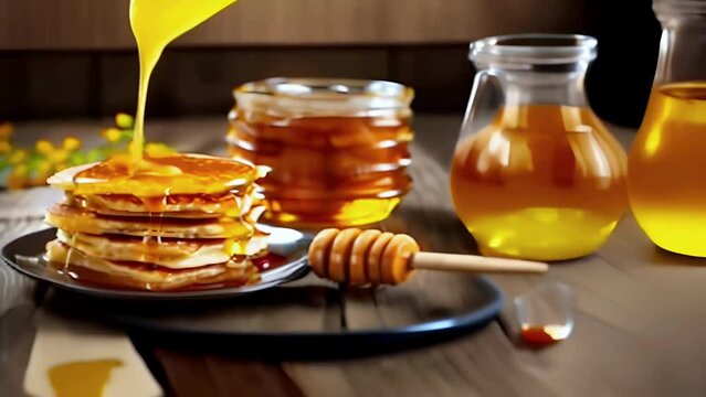 pancakes with honey. Lots of fritters on the plate. Hot pastries for breakfast. Against the background of the kitchen. flour high-calorie product, Shrovetide