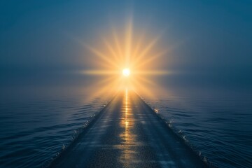 A highway on the sea surface leading to a sunrise, with the sun's rays piercing through a thin layer of morning mist. The lighting is mystical, creating a serene and peaceful sea atmosphere at dawn.
