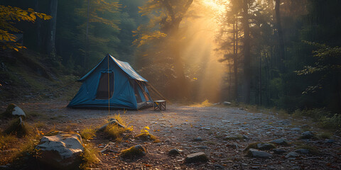 Tents Camping area, early morning, beautiful natural place - obrazy, fototapety, plakaty