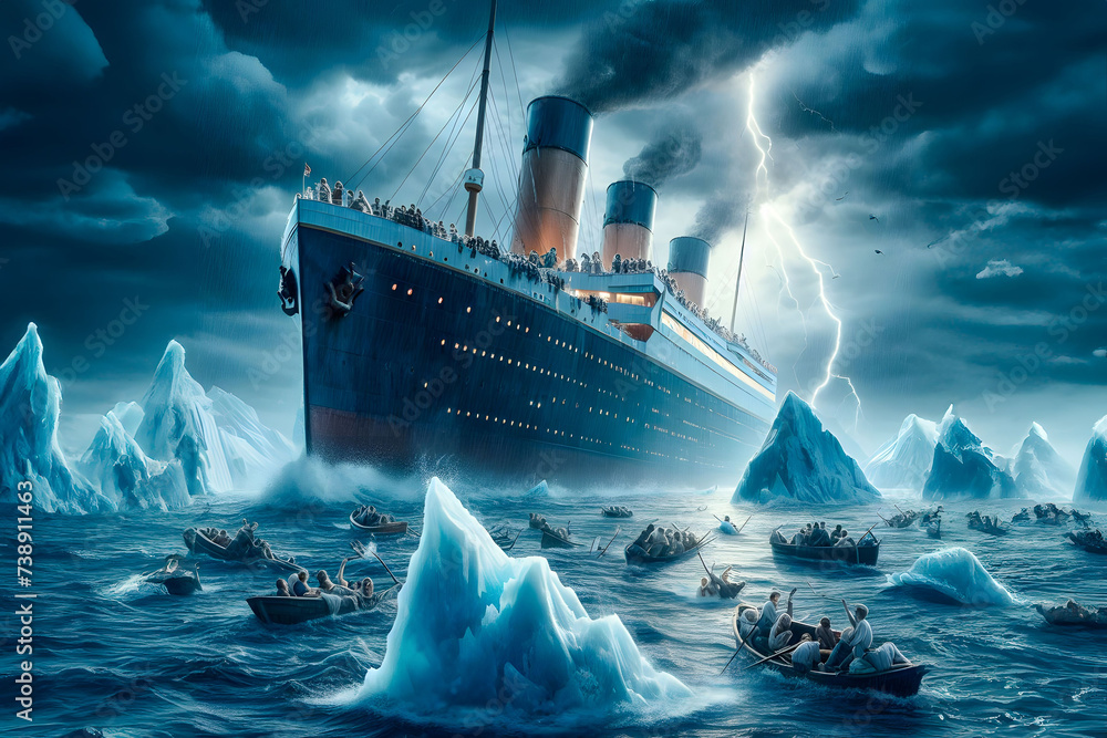 Wall mural titanic’s final moments. a dramatic depiction of the titanic amidst its tragic sinking, surrounded b