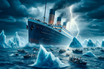 Titanic’s Final Moments. A dramatic depiction of the Titanic amidst its tragic sinking, surrounded by lifeboats and icy waters - obrazy, fototapety, plakaty