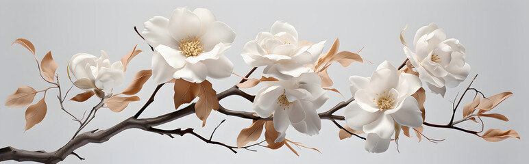 An elegant and contemporary floral arrangement featuring white magnolia blossoms in full bloom, set...