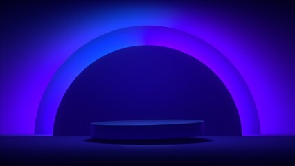 Dark blue room with blue podium in center and neon behind him - 3D Illustration