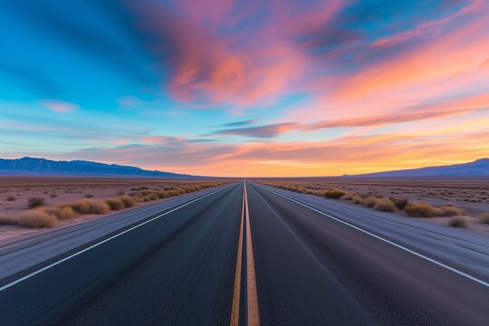 A lone highway heading straight into a breathtaking sunrise, with the desert sky painted in pastel shades of pink and blue. The lighting is gentle and diffuse, casting a warm glow over the desert.