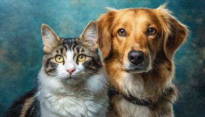 Obraz premium Dog and cat sitting together on blue background and looking at camera. Pets posing. Friendship between dog and cat