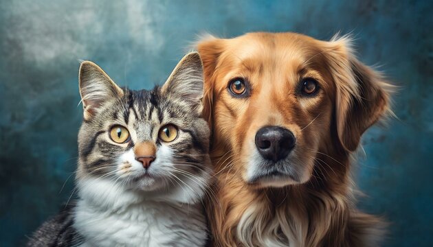 Dog and cat sitting together on blue background and looking at camera. Pets posing. Friendship between dog and cat
