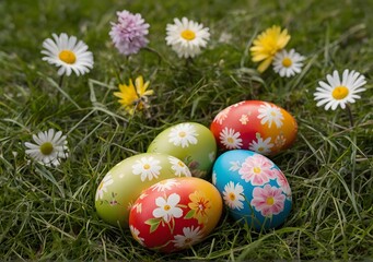 Easter eggs decorated with flowers in the grass