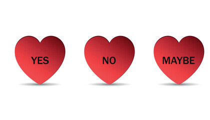 Set of red 3d hearts with answer options. Yes, no, maybe.  Vector on background