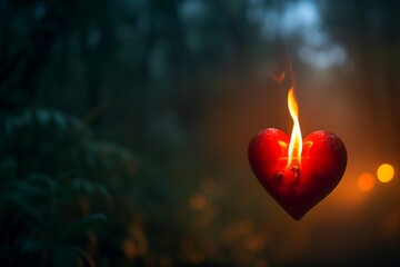 A red heart ablaze, set against a blurred background of a dense, mysterious forest at twilight. The lighting is moody and atmospheric, highlighting the contrast between the fire and the dark woods. - obrazy, fototapety, plakaty