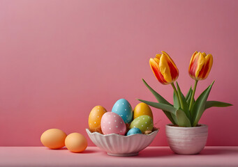 Fototapeta na wymiar Creative still life composition with easter eggs and tulip flower on bright pink background