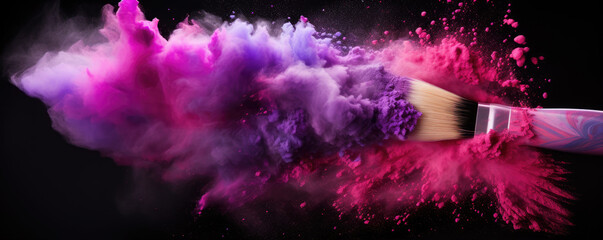 Pink purple powder explosion with makeup brush, - obrazy, fototapety, plakaty