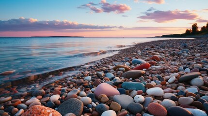 Obraz premium A beach covered in numerous rocks stretching alongside the ocean, creating a rugged and dynamic coastal landscape