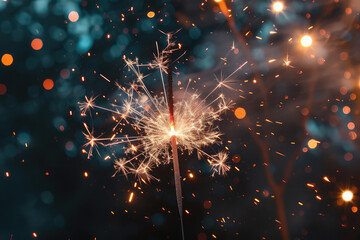 Sparkler Igniting with Bright Sparks Against a Bokeh Light Background