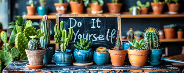 Do It Yourself inspirational quote on a black chalkboard with cacti and green plant in pots, encouraging creativity and personal effort