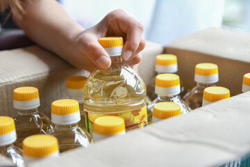 many bottles of sunflower oil background