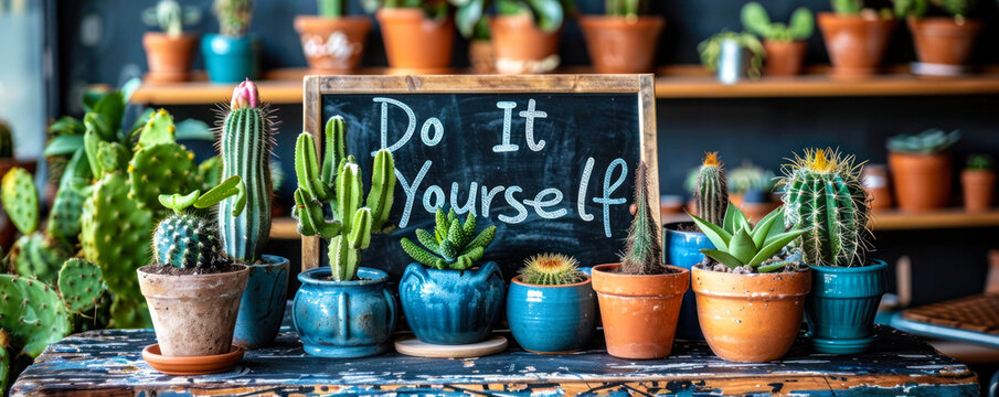Do It Yourself inspirational quote on a black chalkboard with cacti and green plant in pots, encouraging creativity and personal effort - Powered by Adobe