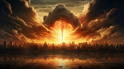 A vast explosion brightening the city skyline, detonation - obrazy, fototapety, plakaty