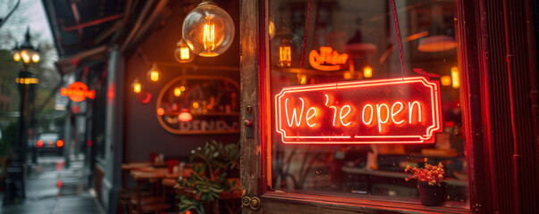 Welcoming We're open signboard hanging on a glass door with warm orange lighting, inviting customers into the establishment signaling business readiness