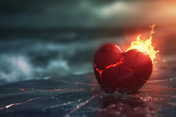 A red heart cracked in half, with intense fire blazing from the split, set against a blurred backdrop of a dark, stormy ocean. The dramatic lighting accentuates the heart's fiery despair.