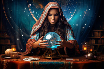 A splendid fortune teller woman is gazing into the future using a mystical crystal ball