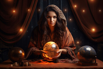 woman with extraordinary skills in fortune-telling is foretelling destinies using a mystical crystal ball