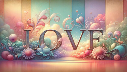 The word LOVE surrounded in beautiful soft pastel colors