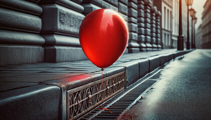 A vibrant red balloon tied with a thin string to a metal gate that is part of a street gutter system