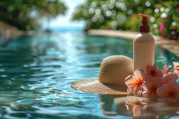 Beach items for safe sunbathing near swimming pool, sunglasses, straw hat and sunscreen product. Copy space, top view, background.