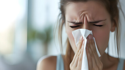 woman blows her nose: weeping or with a cold - obrazy, fototapety, plakaty