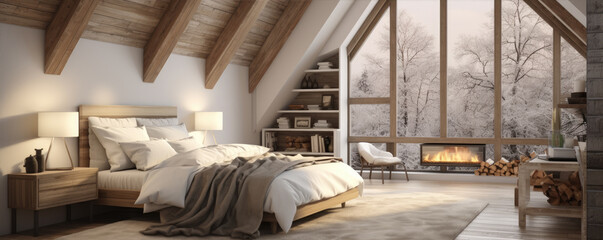 Fototapeta na wymiar Modern loft style bedroom. Rooms with wooden floors decorate with fabric bed.