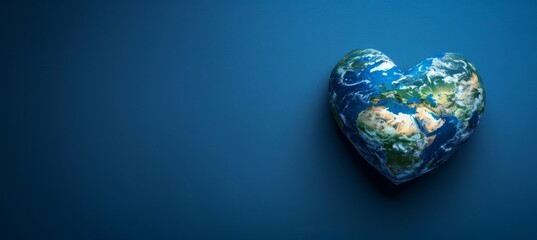 Heart shaped earth globe on blue background for environmental care and sustainable living - obrazy, fototapety, plakaty
