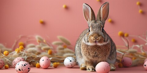 Holiday banner with cute Easter bunny and Easter eggs on pink background