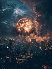 A spectacular nuclear explosion erupts in the night sky above a city, its fiery plumes creating a stark contrast against the urban skyline.